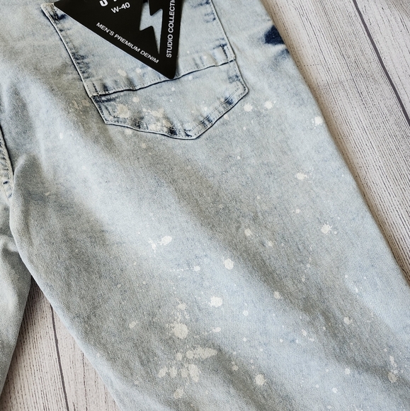 Plus Size Men Light Blue Distressed Denim Biker Shorts - Skinny Fit - Picture 9 of 15